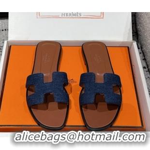 Shop Duplicate Hermes Classic Oran Flat Slides Sandal in Denim Navy Blue/Brown 0606173