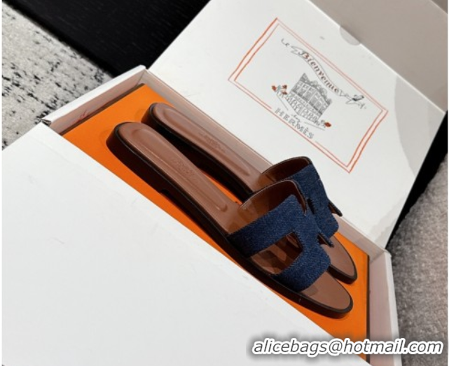 Shop Duplicate Hermes Classic Oran Flat Slides Sandal in Denim Navy Blue/Brown 0606173