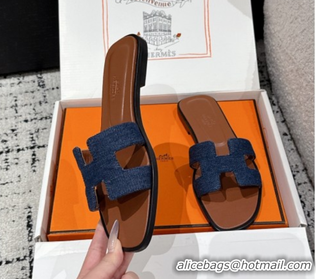 Shop Duplicate Hermes Classic Oran Flat Slides Sandal in Denim Navy Blue/Brown 0606173
