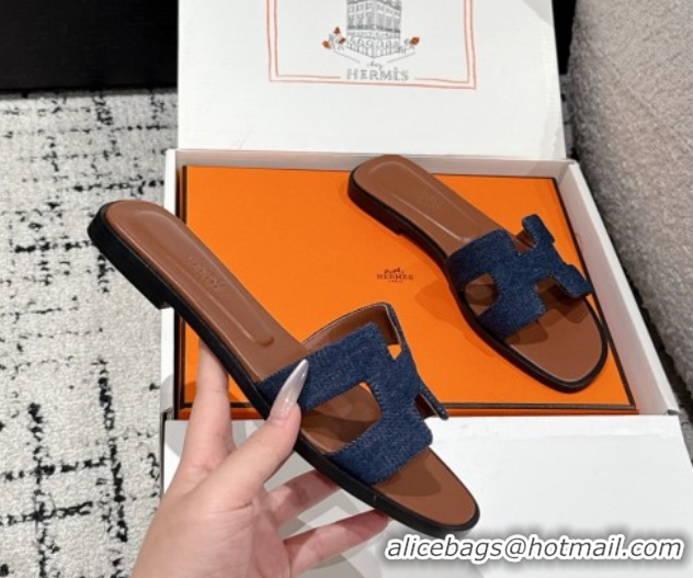 Shop Duplicate Hermes Classic Oran Flat Slides Sandal in Denim Navy Blue/Brown 0606173