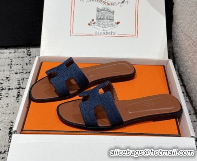 Shop Duplicate Hermes Classic Oran Flat Slides Sandal in Denim Navy Blue/Brown 0606173