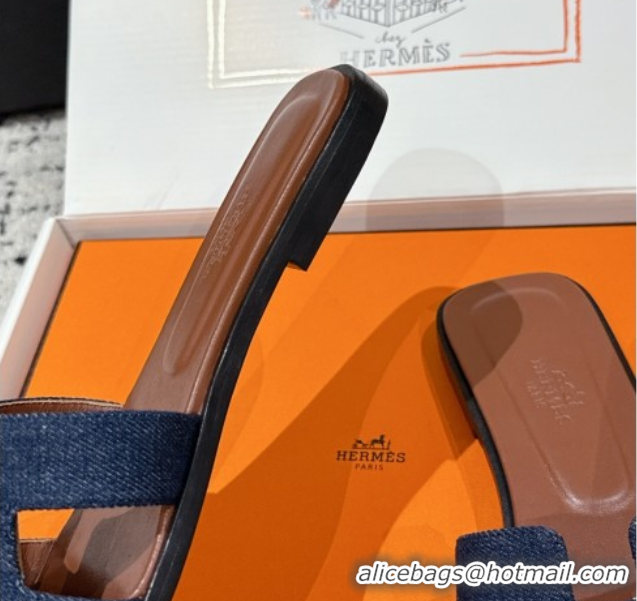 Shop Duplicate Hermes Classic Oran Flat Slides Sandal in Denim Navy Blue/Brown 0606173