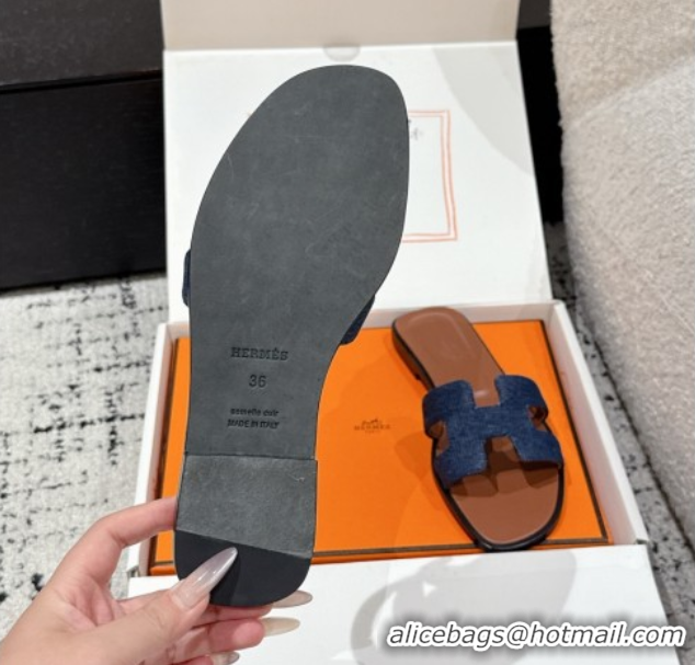 Shop Duplicate Hermes Classic Oran Flat Slides Sandal in Denim Navy Blue/Brown 0606173