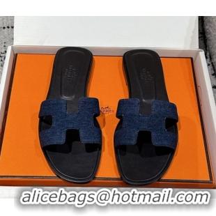 Good Quality Hermes Classic Oran Flat Slides Sandal in Denim Navy Blue/Black 0606174