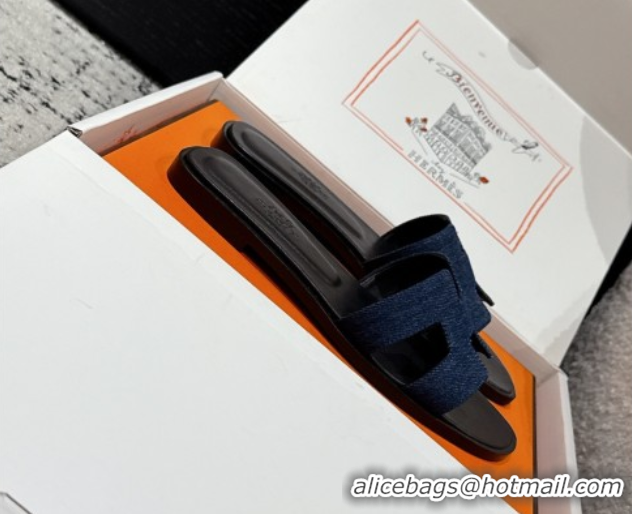 Good Quality Hermes Classic Oran Flat Slides Sandal in Denim Navy Blue/Black 0606174