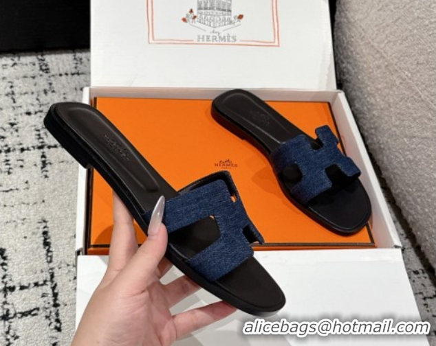 Good Quality Hermes Classic Oran Flat Slides Sandal in Denim Navy Blue/Black 0606174