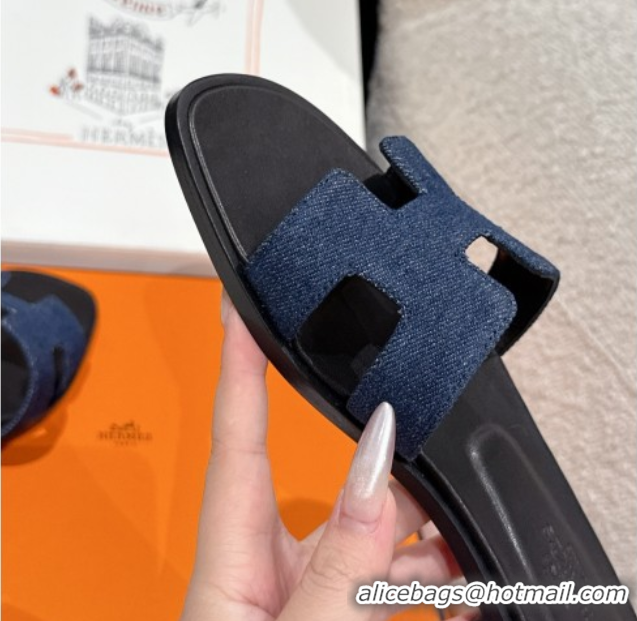 Good Quality Hermes Classic Oran Flat Slides Sandal in Denim Navy Blue/Black 0606174