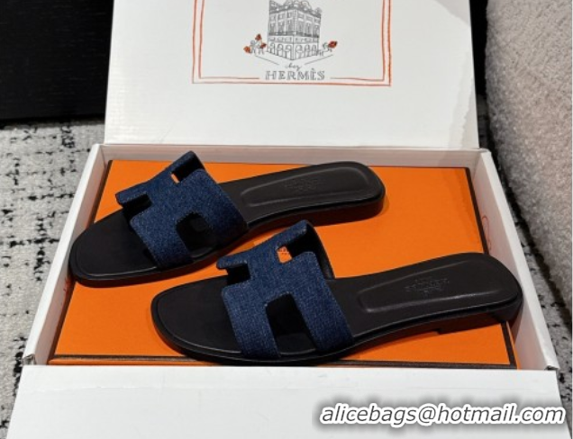 Good Quality Hermes Classic Oran Flat Slides Sandal in Denim Navy Blue/Black 0606174