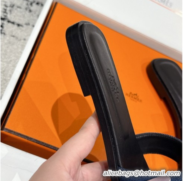 Good Quality Hermes Classic Oran Flat Slides Sandal in Denim Navy Blue/Black 0606174