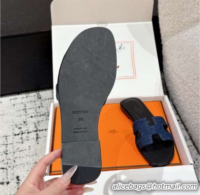 Good Quality Hermes Classic Oran Flat Slides Sandal in Denim Navy Blue/Black 0606174