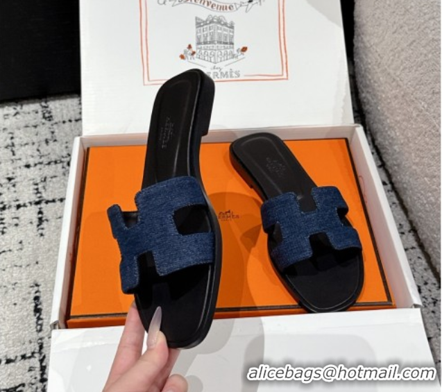 Good Quality Hermes Classic Oran Flat Slides Sandal in Denim Navy Blue/Black 0606174