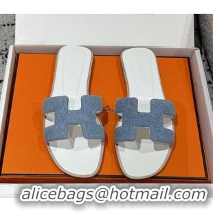 Low Cost Hermes Classic Oran Flat Slides Sandal in Denim Light Blue 0606175
