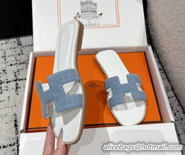 Low Cost Hermes Classic Oran Flat Slides Sandal in Denim Light Blue 0606175