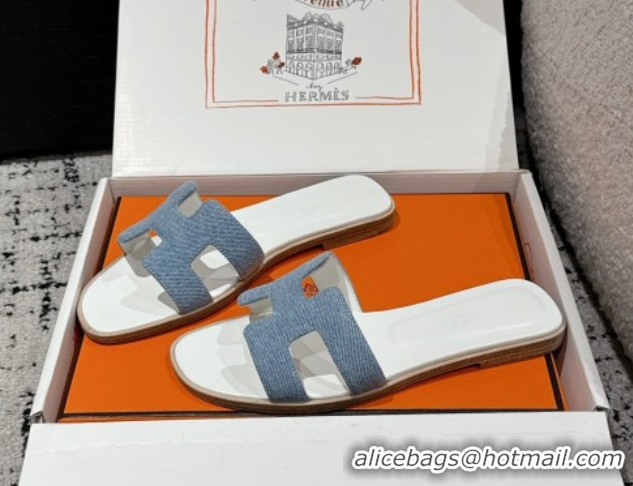Low Cost Hermes Classic Oran Flat Slides Sandal in Denim Light Blue 0606175