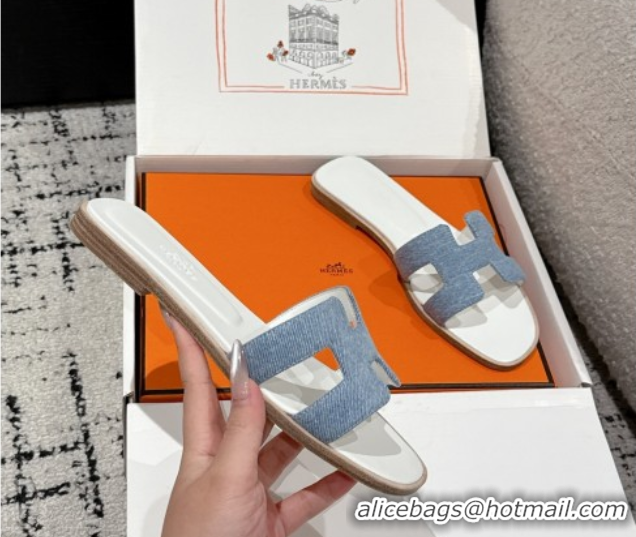 Low Cost Hermes Classic Oran Flat Slides Sandal in Denim Light Blue 0606175