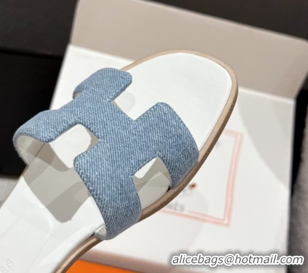 Low Cost Hermes Classic Oran Flat Slides Sandal in Denim Light Blue 0606175