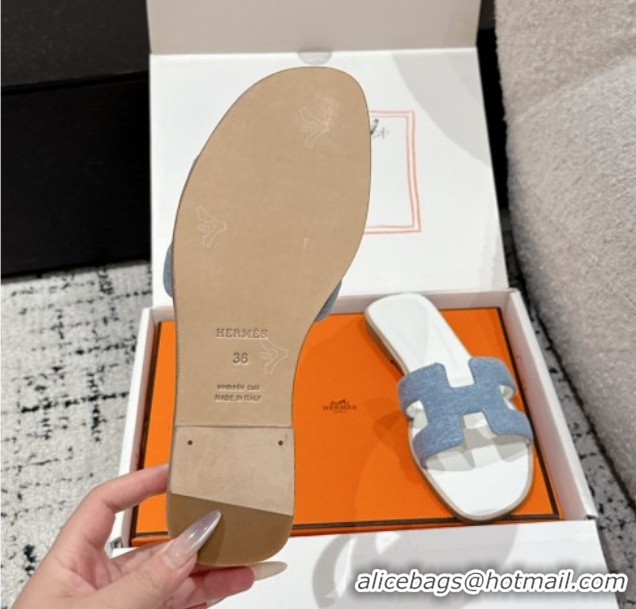 Low Cost Hermes Classic Oran Flat Slides Sandal in Denim Light Blue 0606175