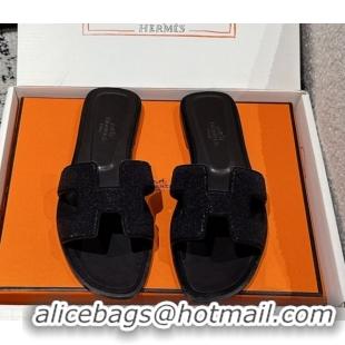 Big Discount Hermes Classic Oran Flat Slides Sandal in Suede and Strass Black 0606176