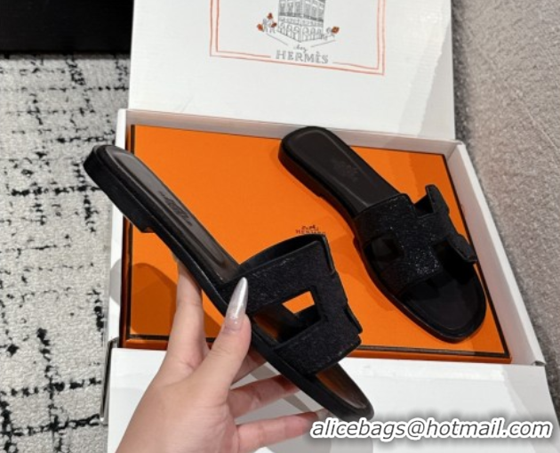 Big Discount Hermes Classic Oran Flat Slides Sandal in Suede and Strass Black 0606176