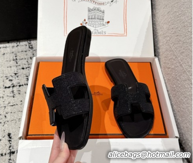 Big Discount Hermes Classic Oran Flat Slides Sandal in Suede and Strass Black 0606176