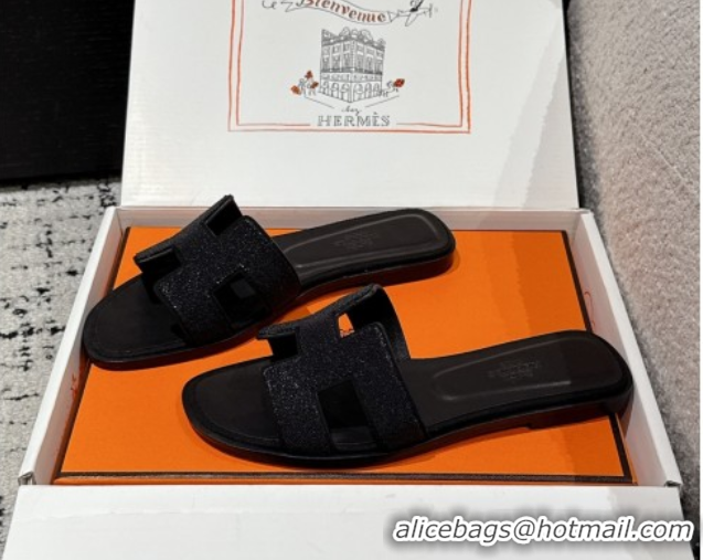 Big Discount Hermes Classic Oran Flat Slides Sandal in Suede and Strass Black 0606176
