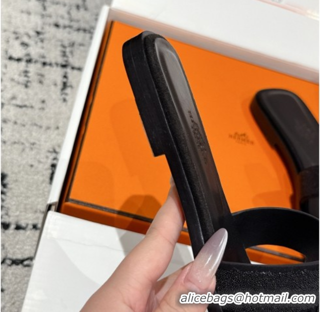 Big Discount Hermes Classic Oran Flat Slides Sandal in Suede and Strass Black 0606176