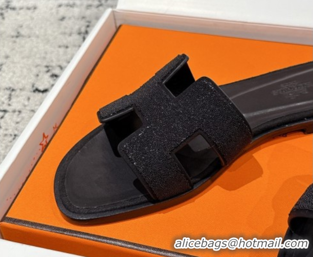 Big Discount Hermes Classic Oran Flat Slides Sandal in Suede and Strass Black 0606176