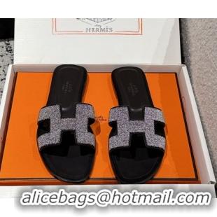 Discount Hermes Classic Oran Flat Slides Sandal in Suede and Strass Black 0606177