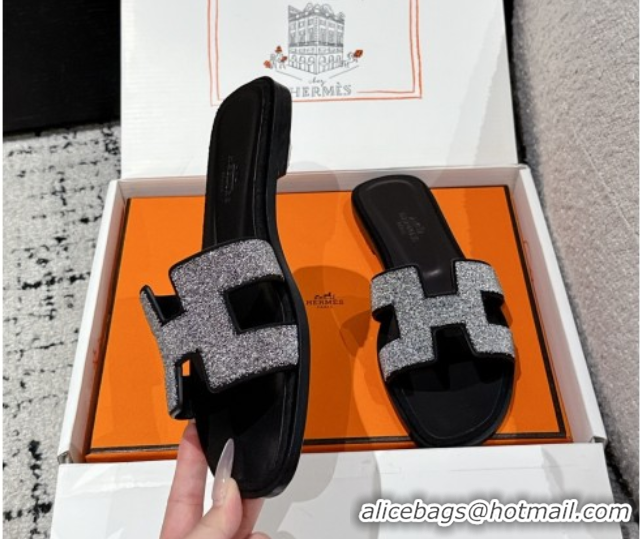 Discount Hermes Classic Oran Flat Slides Sandal in Suede and Strass Black 0606177
