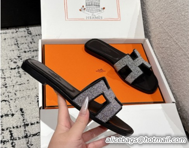 Discount Hermes Classic Oran Flat Slides Sandal in Suede and Strass Black 0606177