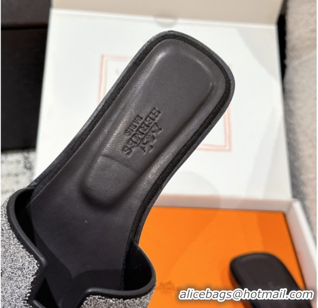 Discount Hermes Classic Oran Flat Slides Sandal in Suede and Strass Black 0606177