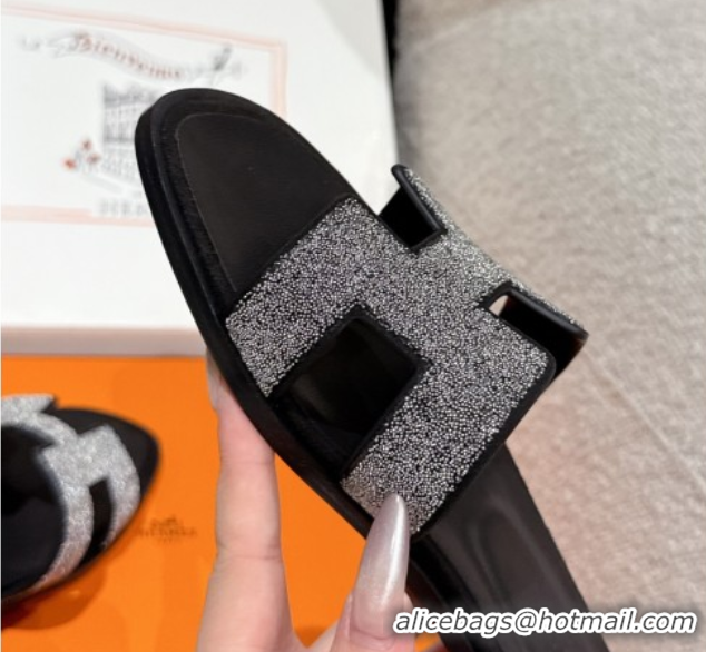 Discount Hermes Classic Oran Flat Slides Sandal in Suede and Strass Black 0606177