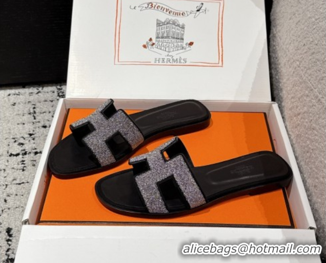 Discount Hermes Classic Oran Flat Slides Sandal in Suede and Strass Black 0606177