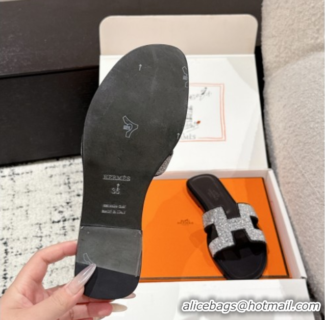 Discount Hermes Classic Oran Flat Slides Sandal in Suede and Strass Black 0606177