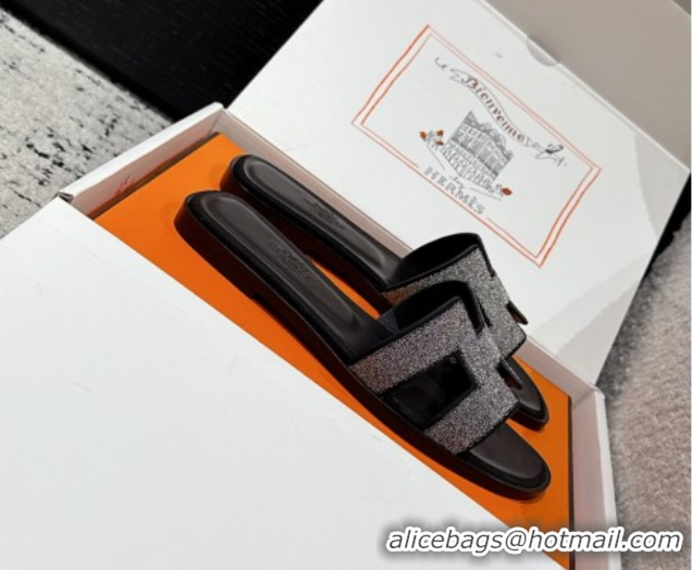 Discount Hermes Classic Oran Flat Slides Sandal in Suede and Strass Black 0606177