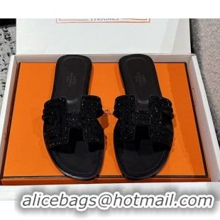 Best Grade Hermes Classic Oran Flat Slides Sandal in Suede and Strass Black 0606179