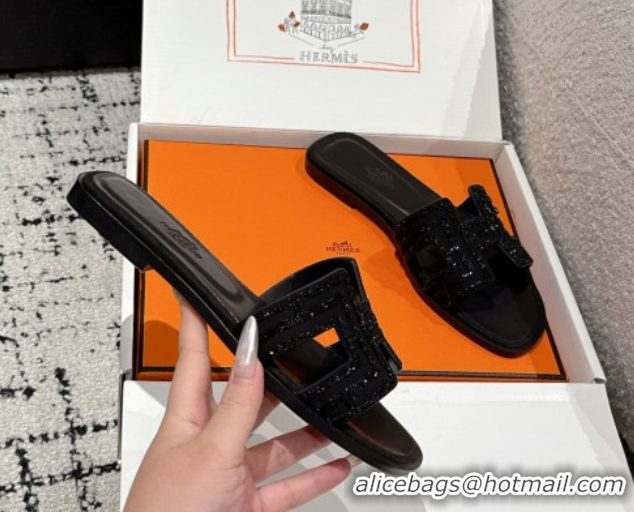 Best Grade Hermes Classic Oran Flat Slides Sandal in Suede and Strass Black 0606179