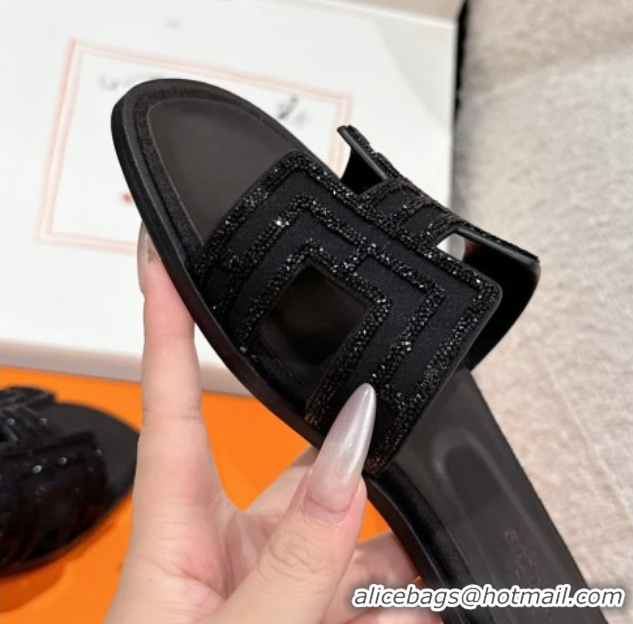 Best Grade Hermes Classic Oran Flat Slides Sandal in Suede and Strass Black 0606179