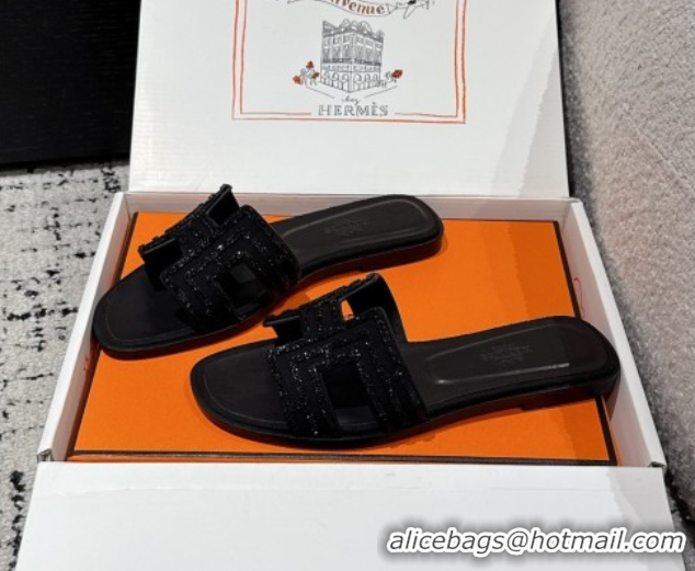 Best Grade Hermes Classic Oran Flat Slides Sandal in Suede and Strass Black 0606179