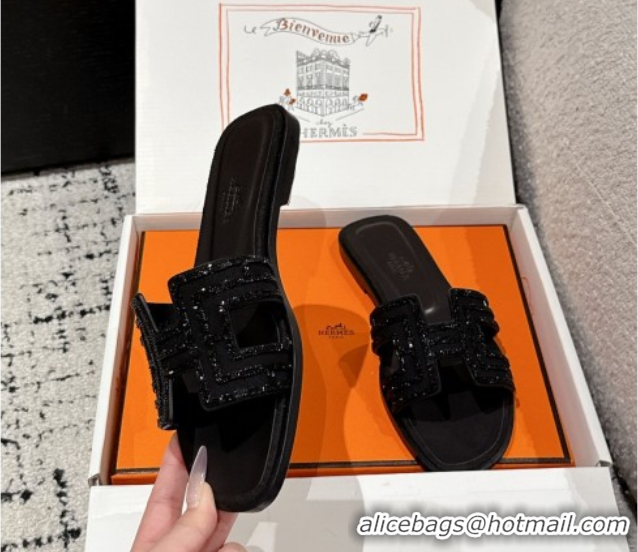 Best Grade Hermes Classic Oran Flat Slides Sandal in Suede and Strass Black 0606179