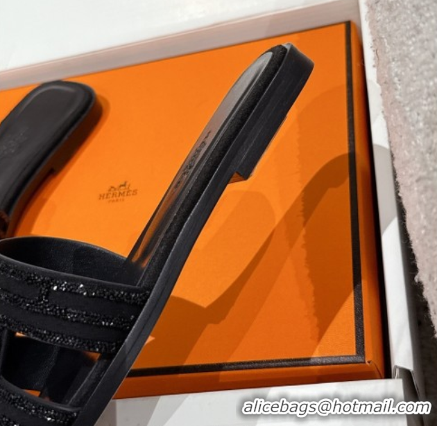 Best Grade Hermes Classic Oran Flat Slides Sandal in Suede and Strass Black 0606179