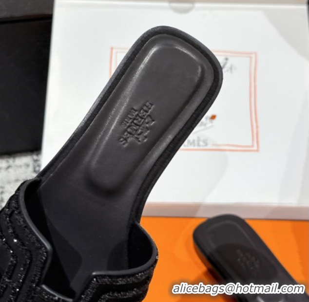 Best Grade Hermes Classic Oran Flat Slides Sandal in Suede and Strass Black 0606179