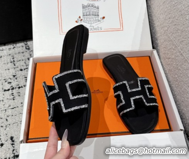 Grade Quality Hermes Classic Oran Flat Slides Sandal in Suede and Strass Black 0606181