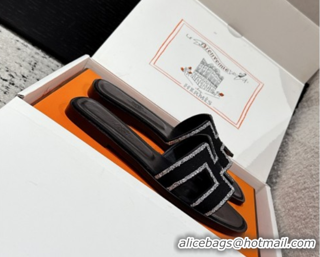 Grade Quality Hermes Classic Oran Flat Slides Sandal in Suede and Strass Black 0606181