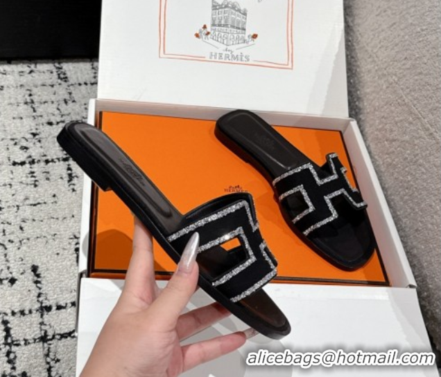 Grade Quality Hermes Classic Oran Flat Slides Sandal in Suede and Strass Black 0606181