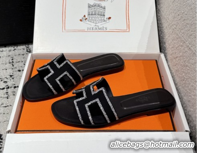 Grade Quality Hermes Classic Oran Flat Slides Sandal in Suede and Strass Black 0606181