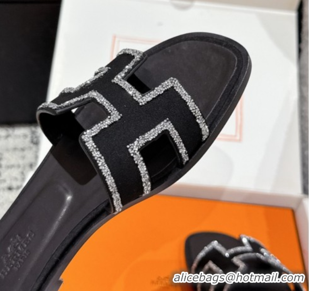 Grade Quality Hermes Classic Oran Flat Slides Sandal in Suede and Strass Black 0606181