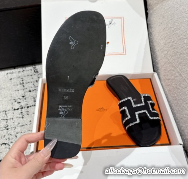 Grade Quality Hermes Classic Oran Flat Slides Sandal in Suede and Strass Black 0606181