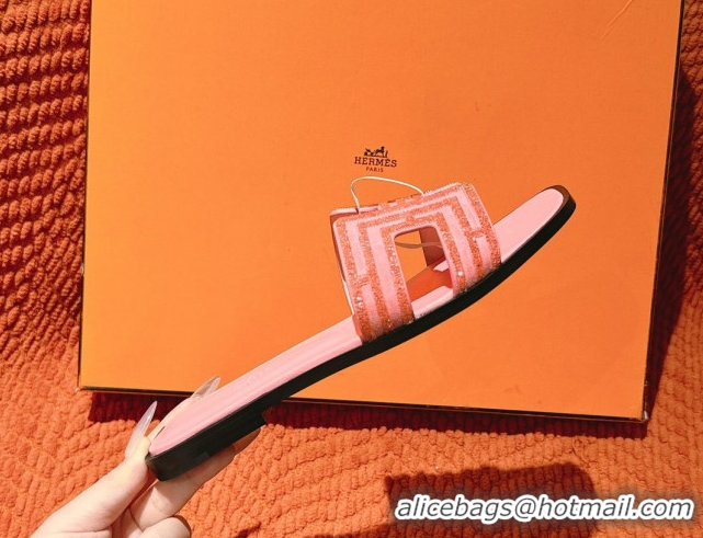 Purchase Hermes Classic Oran Flat Slides Sandal in Suede and Strass Light Pink 0606183