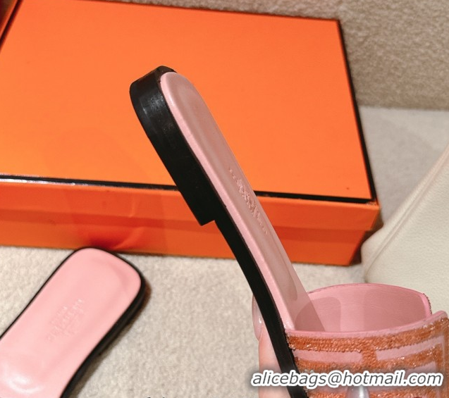 Purchase Hermes Classic Oran Flat Slides Sandal in Suede and Strass Light Pink 0606183